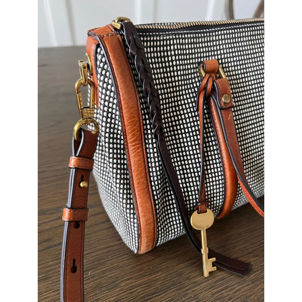 Fossil Rachel Satchel Black White Woven Dotted Leather Trim Crossbody Bag